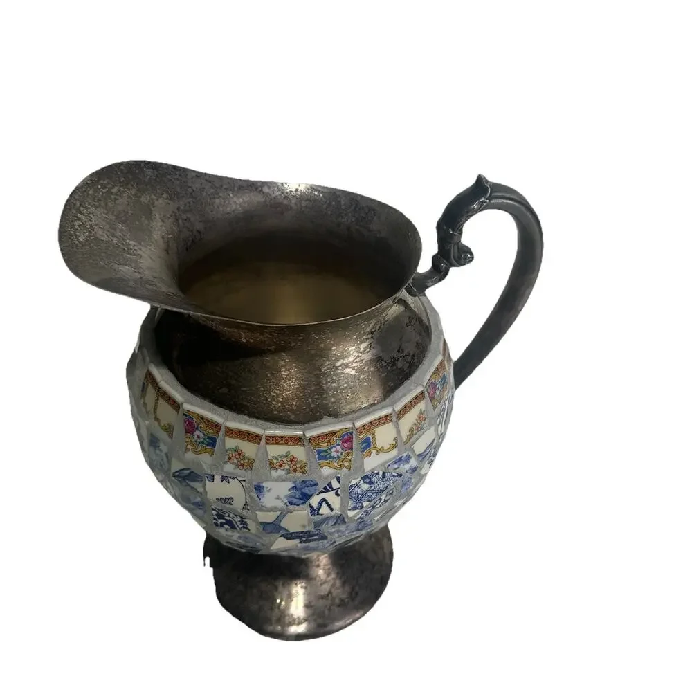 silver plated pique assiette mosaic Ceramic Tile footed pitcher Handmade Decor